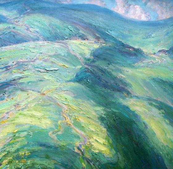 Original Oil Painting Landscape Nature Valley High In The Mountains – Paintings & Drawings, Canvas (photo 3 of 5)