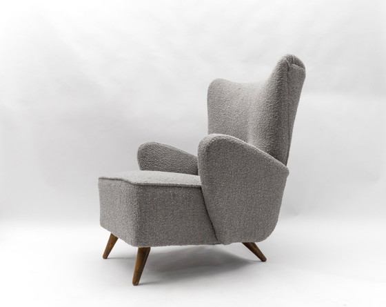 Image 1 of Large Grey Boucle Fabric Wingback Armchair, Italy, 1950s
