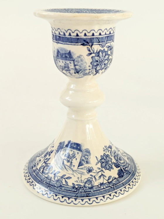 Image 1 of Set of 2 Antique Villeroy & Boch Burgenland Candleholders | Blue Saar Transferware (1913–1947)