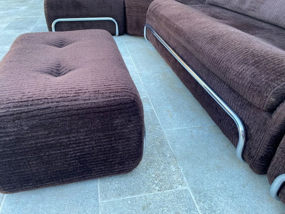 Image 1 of Divano da salotto modulare poltrona poggiapiedi stile Bauhaus in velluto a coste marrone e cromo vintage 1970