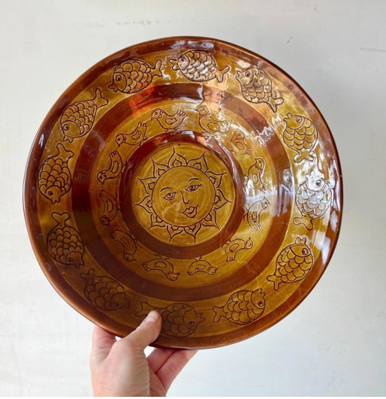 Image 1 of Large 30cm Claire Landolt Signed Swiss Studio Pottery Bowl - Sun Face