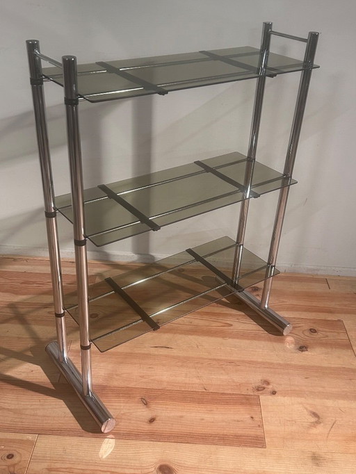 Portaoggetti anni Settanta in cromo con vetro fumé