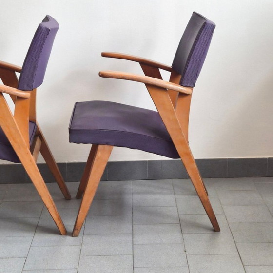 Image 1 of PAIRE DE FAUTEUILS BRIDGE VINTAGE 1950 EN HETRE PIEDS COMPAS 50S ROCKABILLY