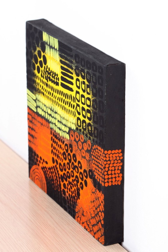 Image 1 of Orange, black and yellow abstract acrylic painting on stretched canvas