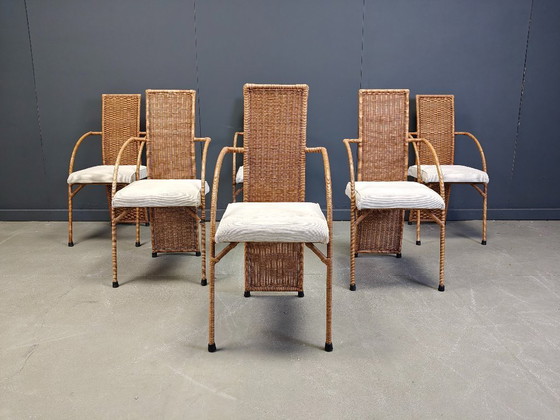 Image 1 of Vintage wicker high back dining chairs set of 6 - 1980s
