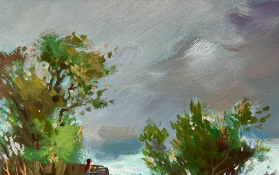 Image 1 of Pintura al óleo original Paisaje costero gris en las afueras del pueblo.