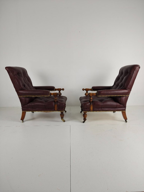 Pair of Antique Library Chairs - Original William Morris & Co Edinburgh Stamped Armchairs – Leather (photo 3 of 18)