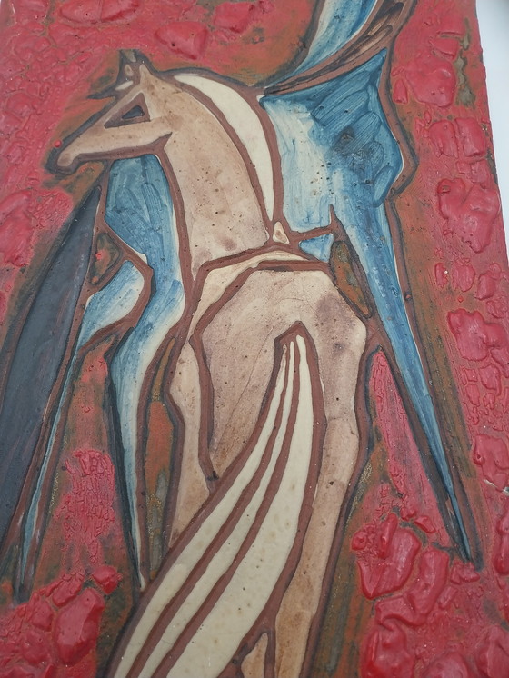 Image 1 of 1 x Keramik-Wandteller mit Pferdemotiv, 1950er Jahre, WGP (Westdeutsche Keramik), 52 x 24 cm