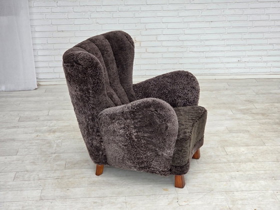 1960s, Danish design, reupholstered armchair, genuine sheepskin., Other, Brown (photo 20 of 20)