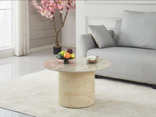 Mesa de centro FAMOUS - Base de travertino y tablero de cerámica efecto travertino brillante - Ø80 cm