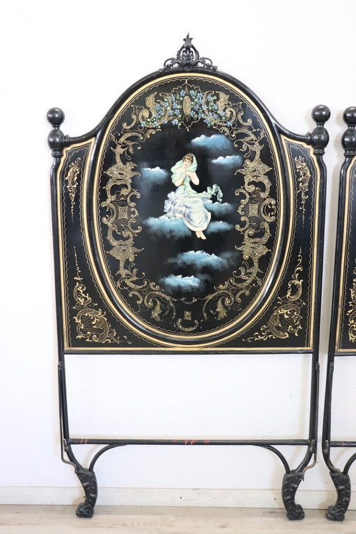 Set di 2 letti singoli in ferro, Art Nouveau inizio XX secolo