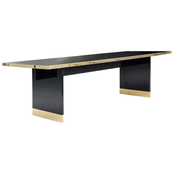 Table de salle à manger italienne méditerranéenne en acier plaqué laiton effet bambou et plateau en verre (photo 4 of 21)