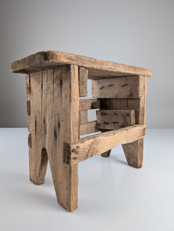 Image 1 of Antique Wood Stool, Wabi Sabi Style, Old Artisan Craftsmanship