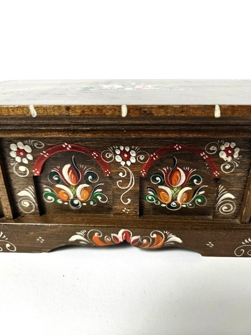 Vintage Wooden Hand Painted Floral German Bauernmalerei Storage Box | Bavarian Folk Art Trinket Box | Alpine Farmhouse Box
