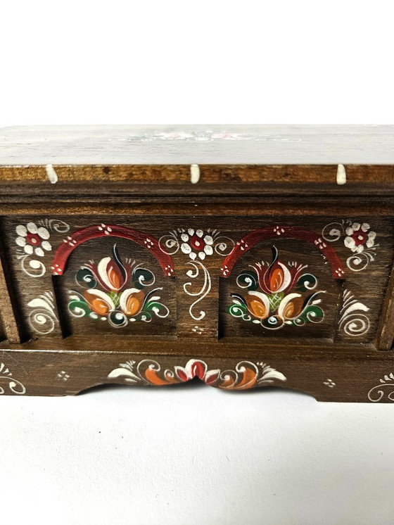 Image 1 of Vintage Wooden Hand Painted Floral German Bauernmalerei Storage Box | Bavarian Folk Art Trinket Box | Alpine Farmhouse Box