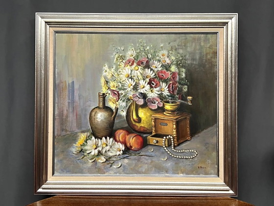 Stilleven met bloemen en parels, gesigneerd. – Schilderijen & Tekeningen, Canvas (photo 3 of 6)