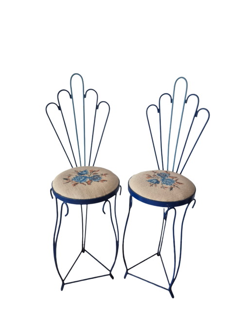 Pair of French wrought iron dressing table chairs