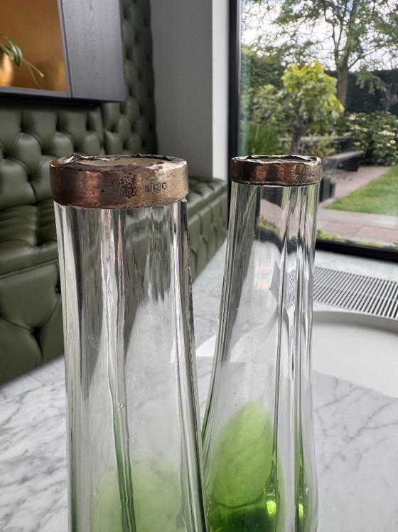 Two glass Vases, green and finished with silver, J H Worrall Son & Co Ltd 1909, Vintage (photo 3 of 5)