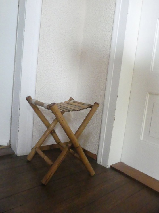 Image 1 of Vintage opvouwbare kruk, visserskruk, bamboe kruk, jaren 70, woaeb