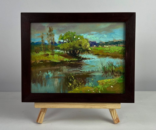 Original Oil Painting Day Coastal Landscape Summer winding river