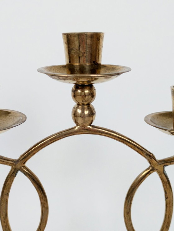 Image 1 of Candélabre vintage en laiton, porte-bougie conique à 3 bras, style milieu du siècle