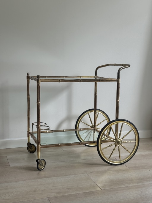 Chariot de bar/chariot à boissons vintage en laiton imitation bambou, années 1970 – serveerwagens, Glass, Rubber