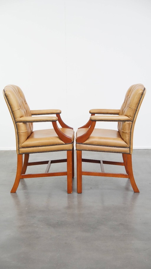 2x Beef leather chesterfield dining/side chair in a light cognac color