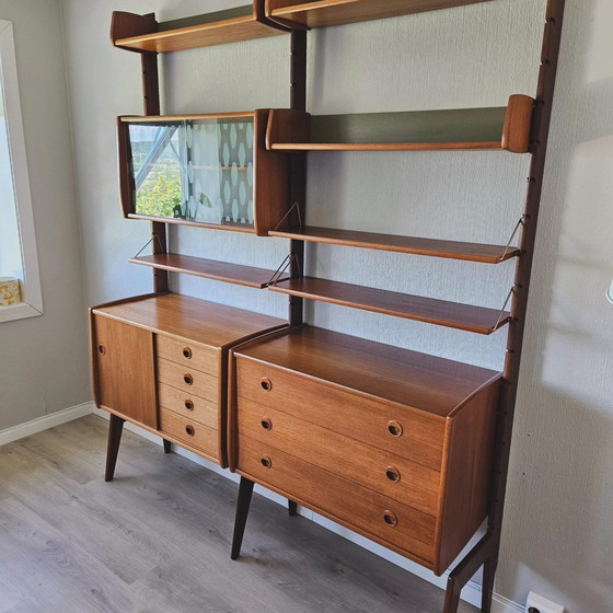 Image 1 of Mid-Century Scandinavian Teak Wall Unit, Modular Shelving by John Texmon & Einar Blindheim, 2-Piece Blindheim Mobelfabrikk
