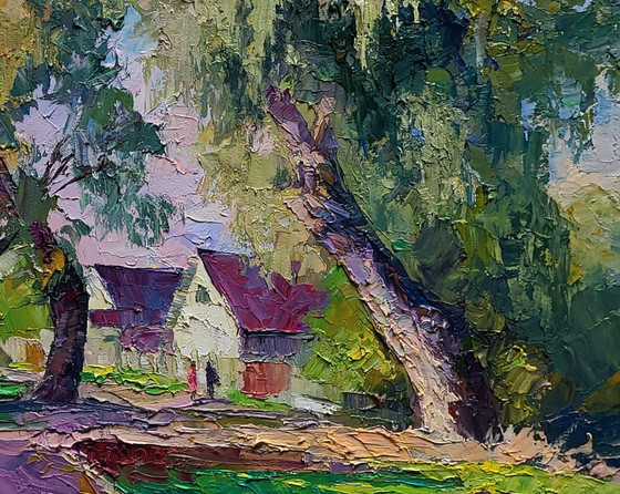 Original Oil Painting Rural Landscape Village Street Willows Near The Yard – Paintings & Drawings, Canvas (photo 7 of 7)