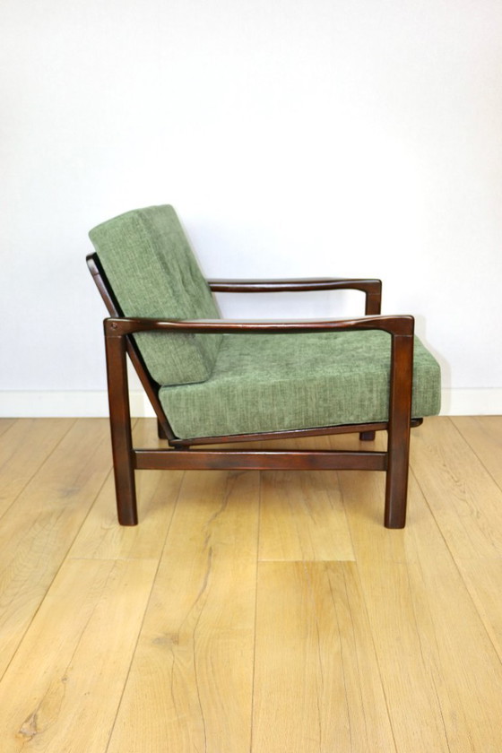 Image 1 of Vintage brown wooden armchair green-olive jeans design by Z. Bączyk - 2 pieces available