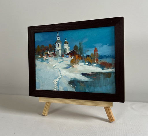 Origineel olieverfschilderij: Sneeuwdorplandschap. De eerste sneeuw viel.