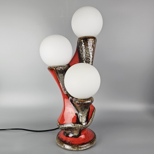 Rare Vintage Table Lamp of Pottery with Red and Bronze Glaze, Made by Sische Leuchten. Years 70. 3 Light sources