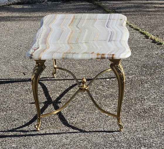 Image 1 of French Vintage Onyx Marble and Brass Coffee Table-Big Cocktail Table-Rare Lounge Table- Regency Style-70s