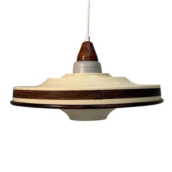 Image 1 of Suspension vintage années 70 - Plastic Fantastic ! - Centre en verre et accents imitation bois