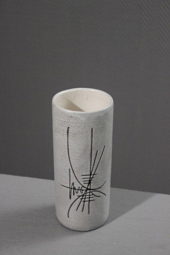 Image 1 of Henri Cimal in Vallauris - Matte white scroll vase with abstract incised decor 1950s