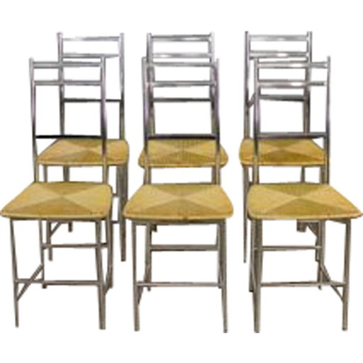 Set of 6 vintage aluminum and straw chairs from Ycami, 1970