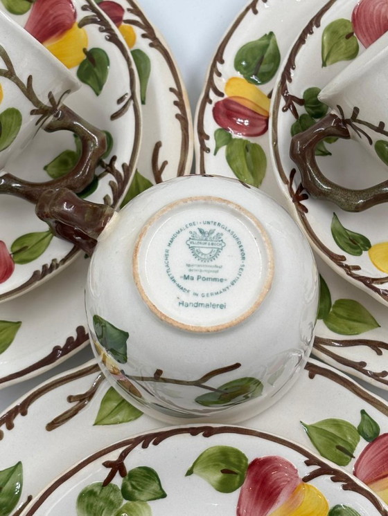 Image 1 of Service à café 3 pièces Villeroy & Boch « Ma Pomme » – peint à la main, 3 tasses/soucoupes, 3 assiettes à gâteau + sucrier