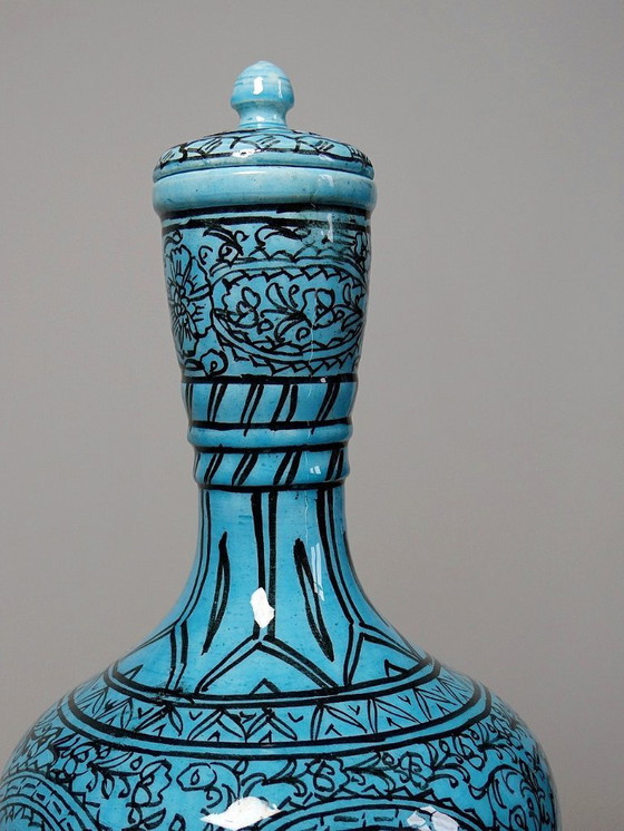 Image 1 of Vase couvert ou jarre Persane poterie glacée Iznik turquoise peinte vintage