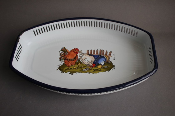 Image 1 of Münder Email Emaille Motiv Hahn und Huhn Brotschale Schale Brotkorb