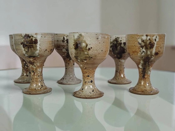 6 footed stoneware cups, Pottery of Vézelay - Albert Breton – Glass & Decanter, Porcelain, Rustic (photo 2 of 7)