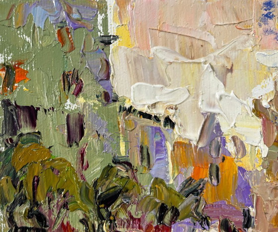 Image 1 of Origineel olieverfschilderij: Somber straatlandschap, stad in de ochtend.