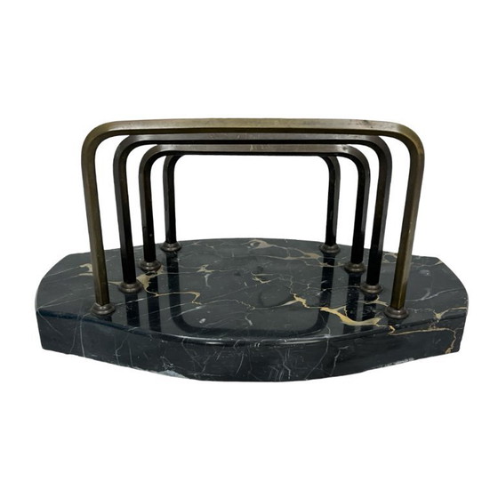 Image 1 of Art Deco Executive Desk Set: Letter Holder and Blotter – Portoro Marble and Brass – 1930s