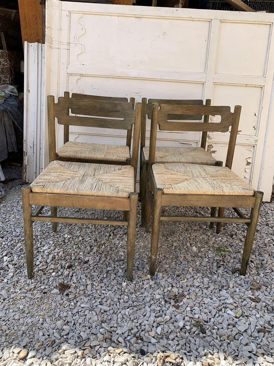 Rustic Wooden Dining Chairs with Straw Seats, 1970s, Set of 4 (photo 5 of 5)