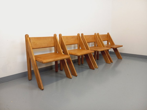 Image 1 of Exceptional suite of a large rectangular table and 4 vintage Brutalist chairs in solid oak from the 60s