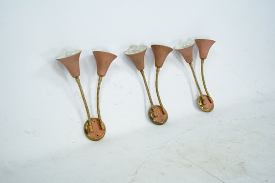 Mid-Century, Set of three sconces in Arredoluce manner. Italy 1950s, Wall lights, Brass, Orange (photo 4 of 11)