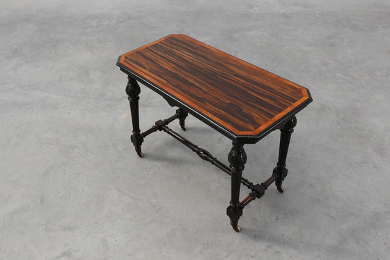 Image 1 of 19th Century English side table with geometric wood inlay by John Taylor & Sons