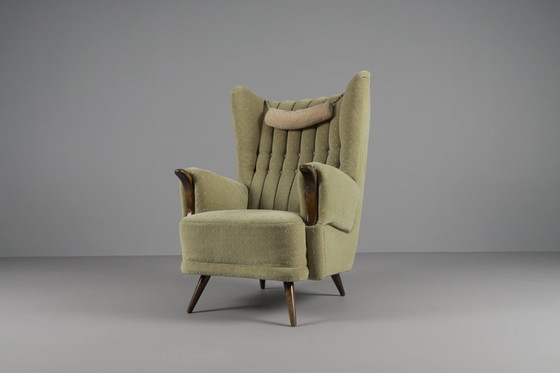 Image 1 of Large Green Italian Wood & Fabric Wingback Armchair, 1950s