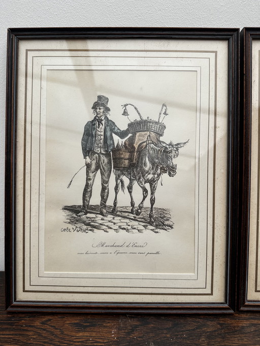 Carle Vernet - 2 Gravuren - Die Berufe von gestern - unter Holzrahmen
