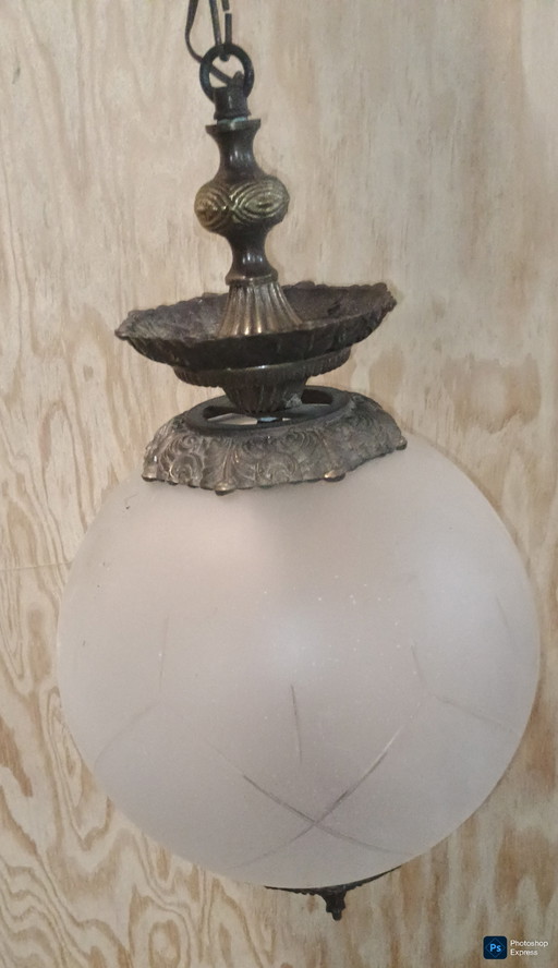 2 antique bronze-style frosted glass and metal chandeliers
