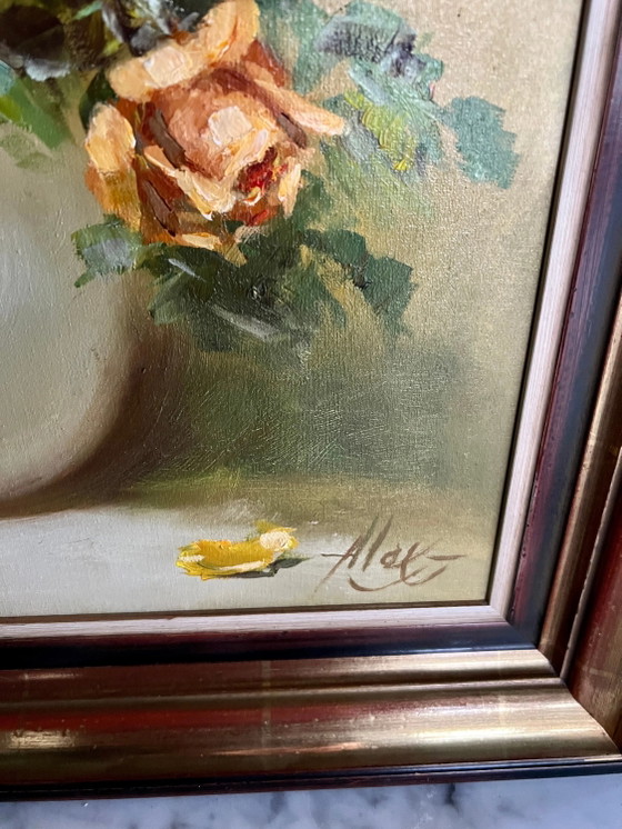 Signiertes Ölgemälde aus der Mitte des Jahrhunderts mit gelben Rosen. Ein Gemälde aus den 1950er-1960er (photo 4 of 6)